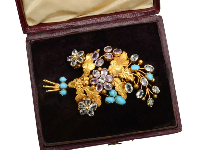 Georgian Flower Spray Gem Set Brooch in Box
