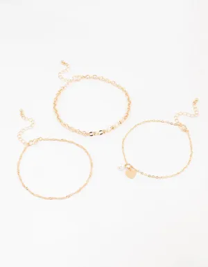 Gold Pearl Heart Drop Anklets 3-Pack