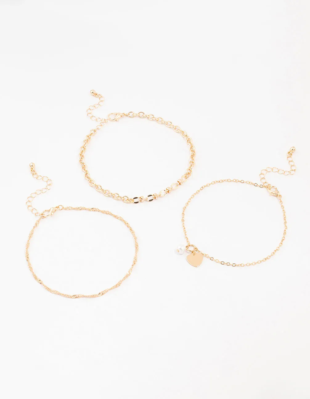 Gold Pearl Heart Drop Anklets 3-Pack