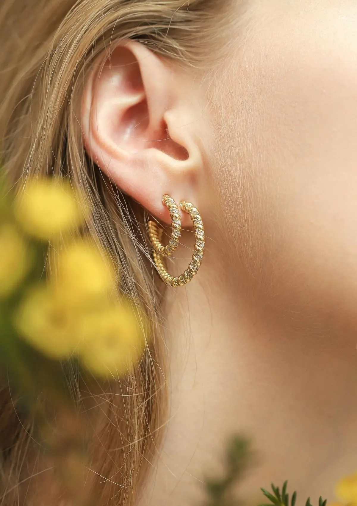 Gold Twist Hoop Earrings with CZ