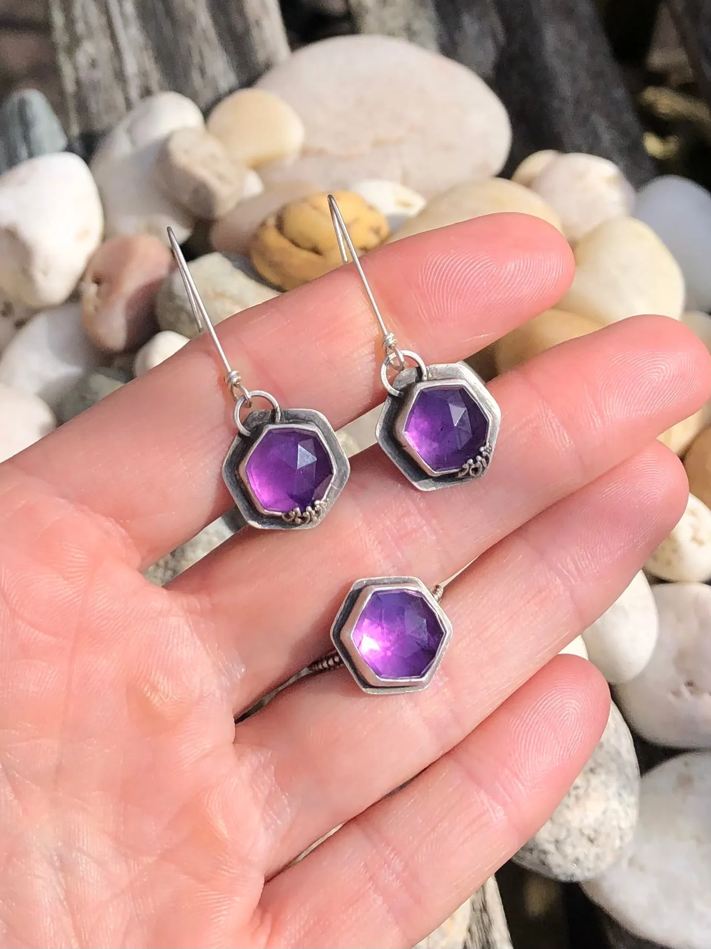 Purple Amethyst Hexagon Earrings
