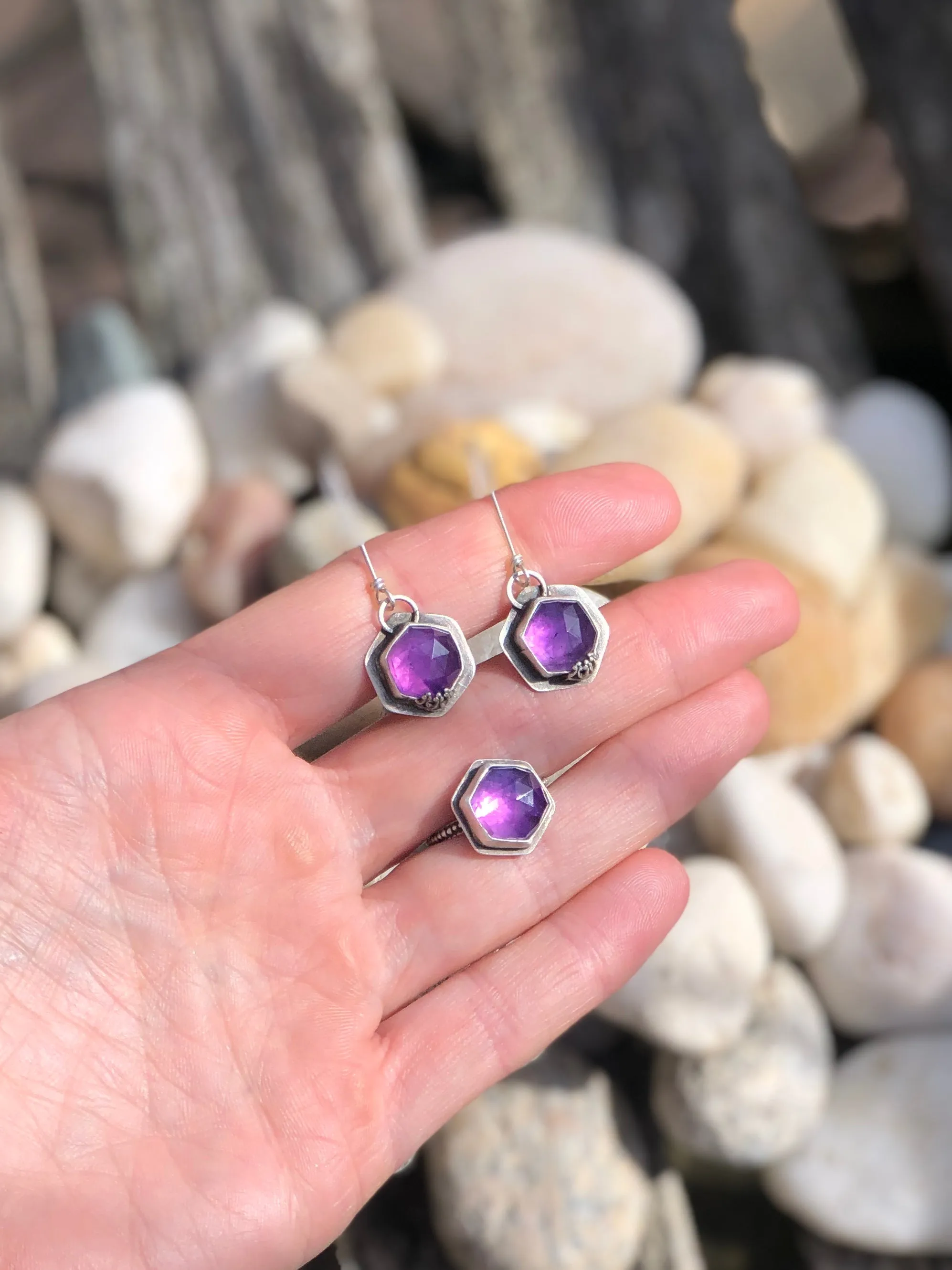 Purple Amethyst Hexagon Earrings