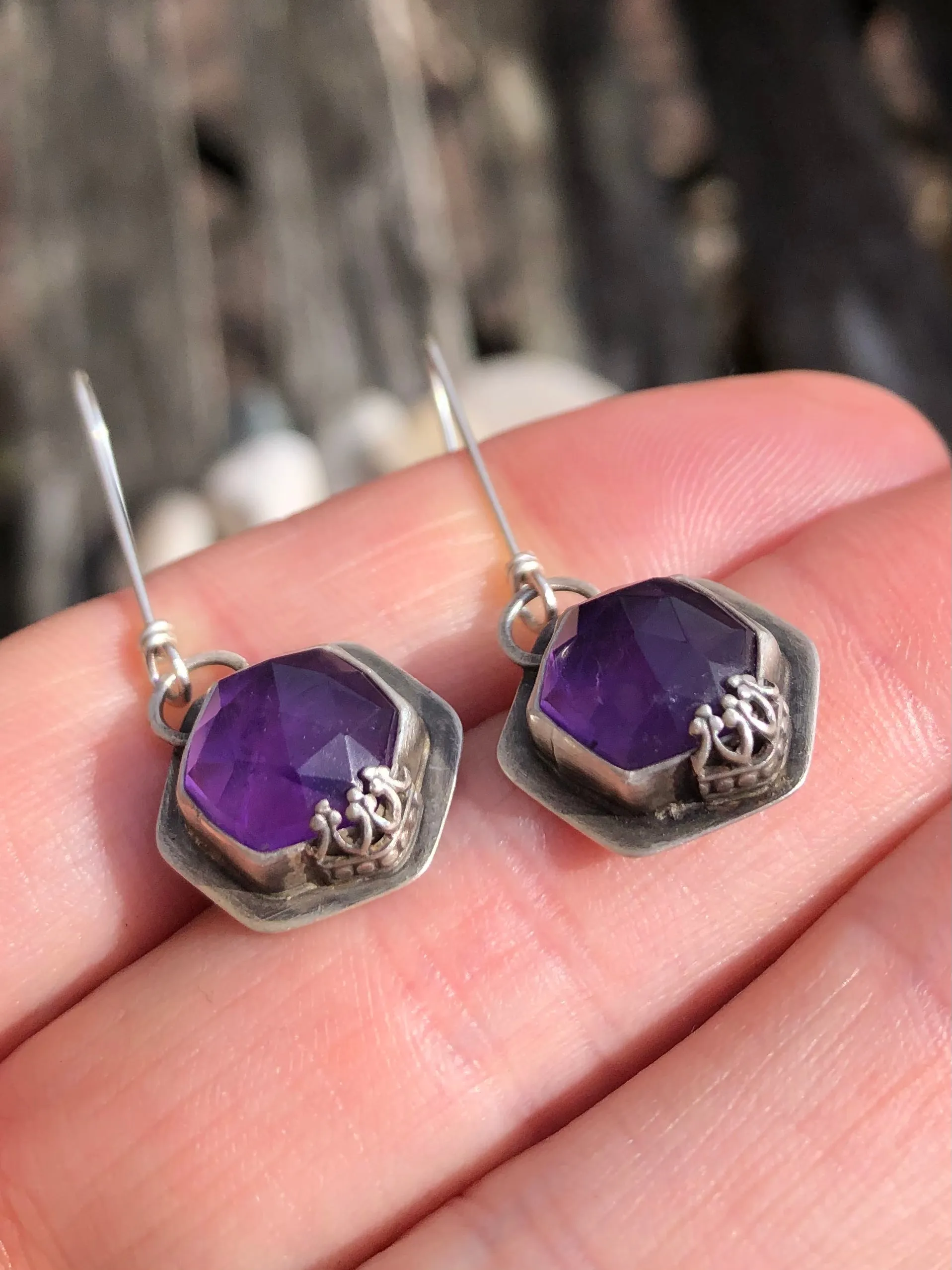 Purple Amethyst Hexagon Earrings