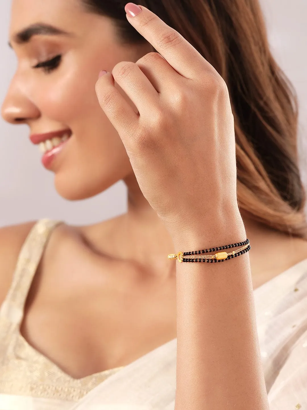 Rubans Gold Plated Handcrafted Black Beads Layered Bracelet