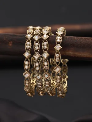 Set Of 4 Gold-Plated Pearl & Kundan Studded Bangles