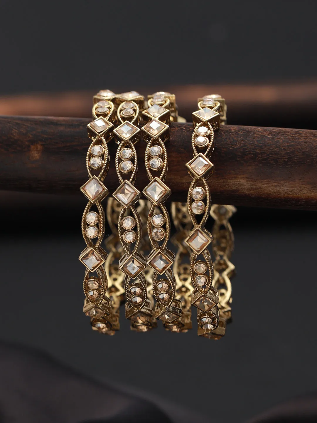 Set Of 4 Gold-Plated Pearl & Kundan Studded Bangles