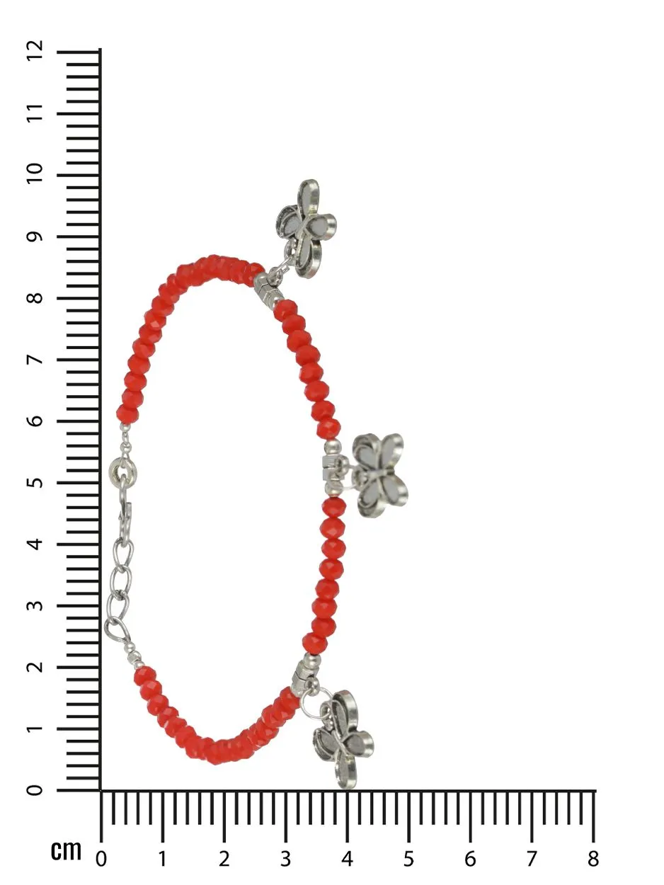 Set Of 4 Silver Elephant Flower Butterfly, Circle & Cocoon Charms Beaded Handcrafted Anklets
