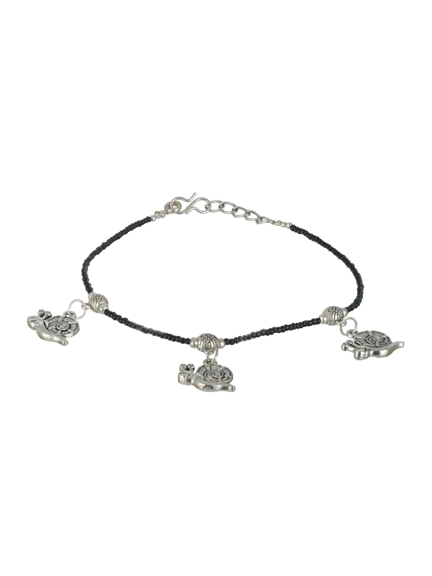 Set Of 4 Silver Elephant Flower Butterfly, Circle & Cocoon Charms Beaded Handcrafted Anklets