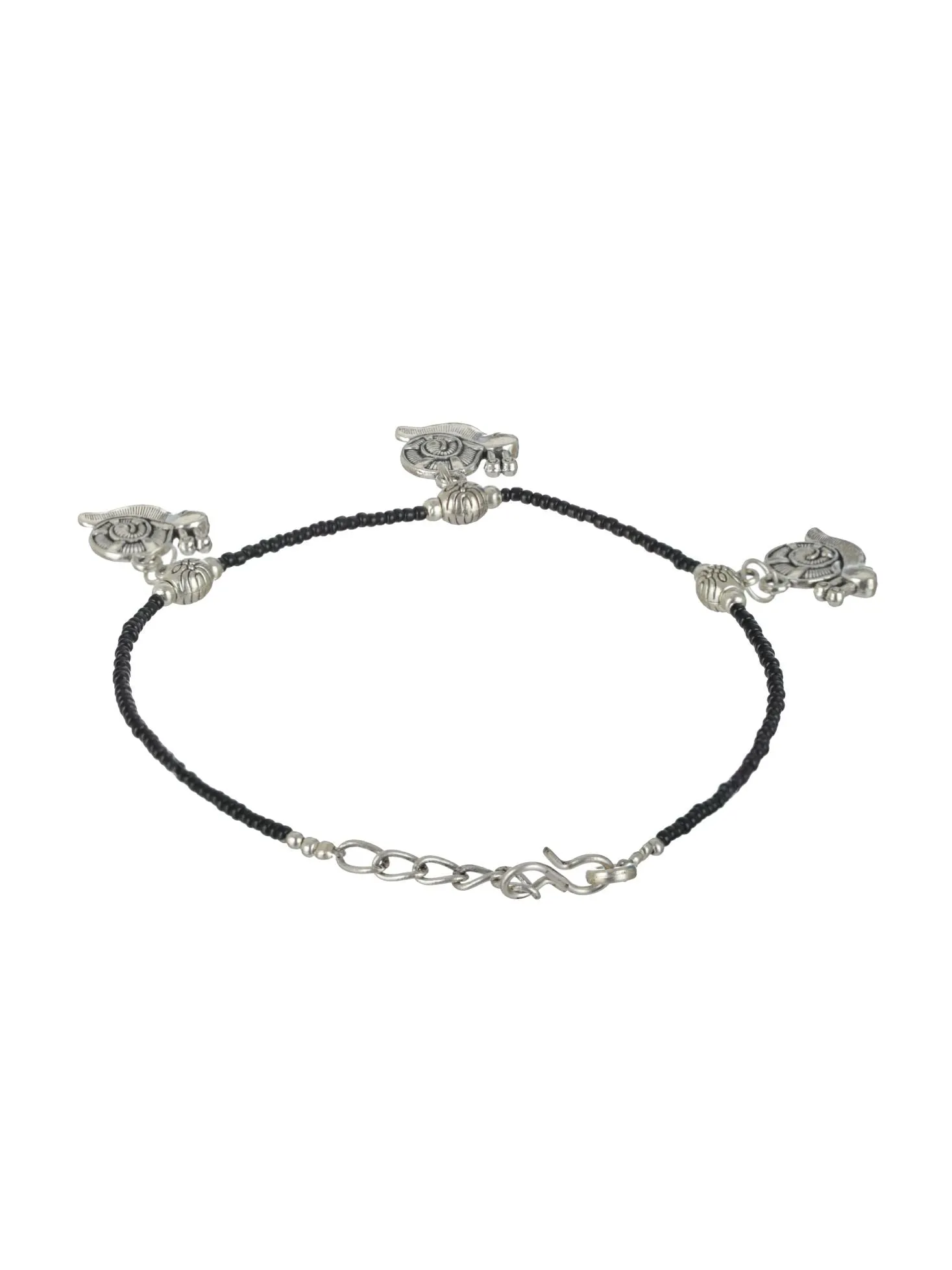 Set Of 4 Silver Elephant Flower Butterfly, Circle & Cocoon Charms Beaded Handcrafted Anklets