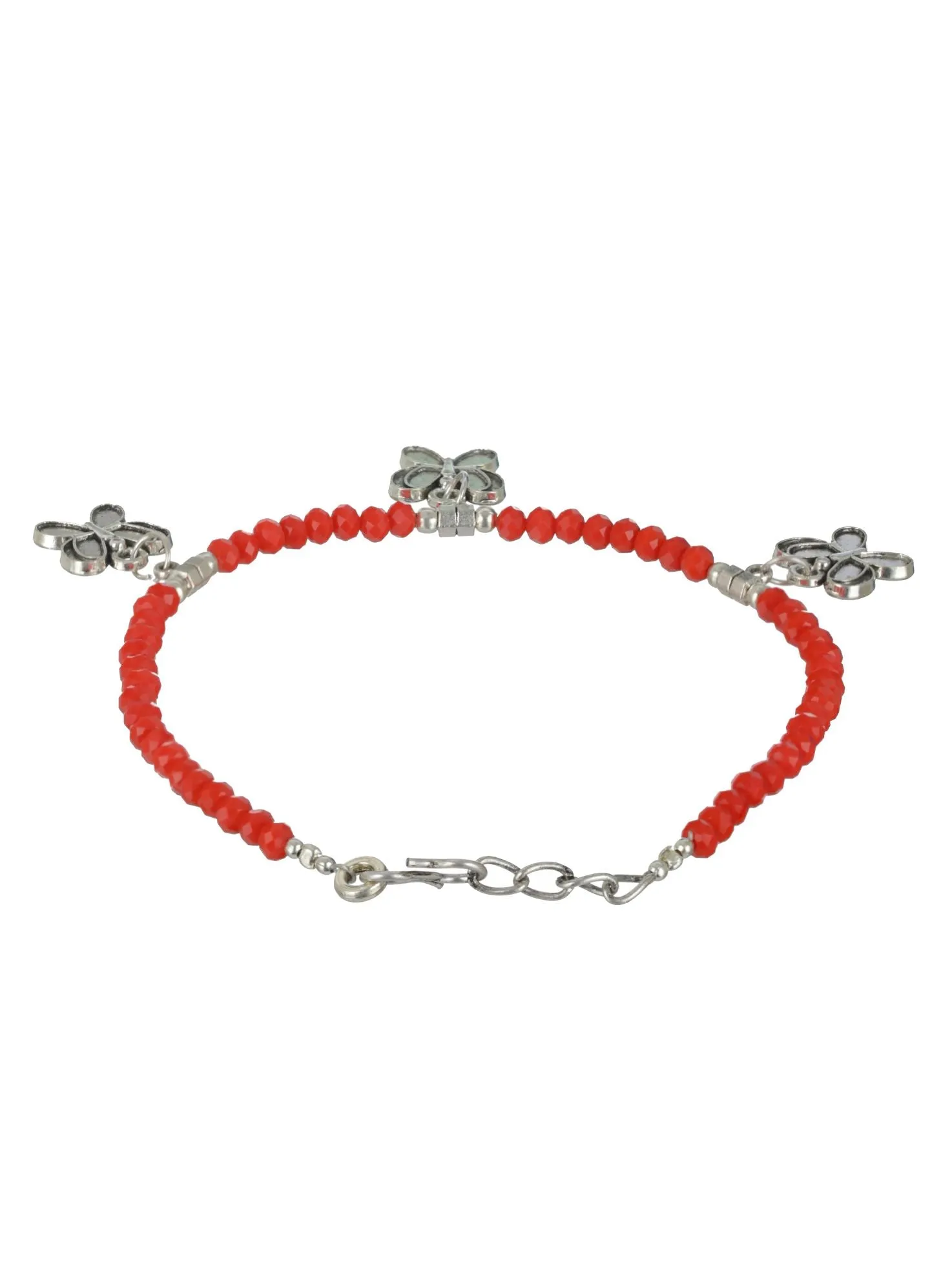 Set Of 4 Silver Elephant Flower Butterfly, Circle & Cocoon Charms Beaded Handcrafted Anklets