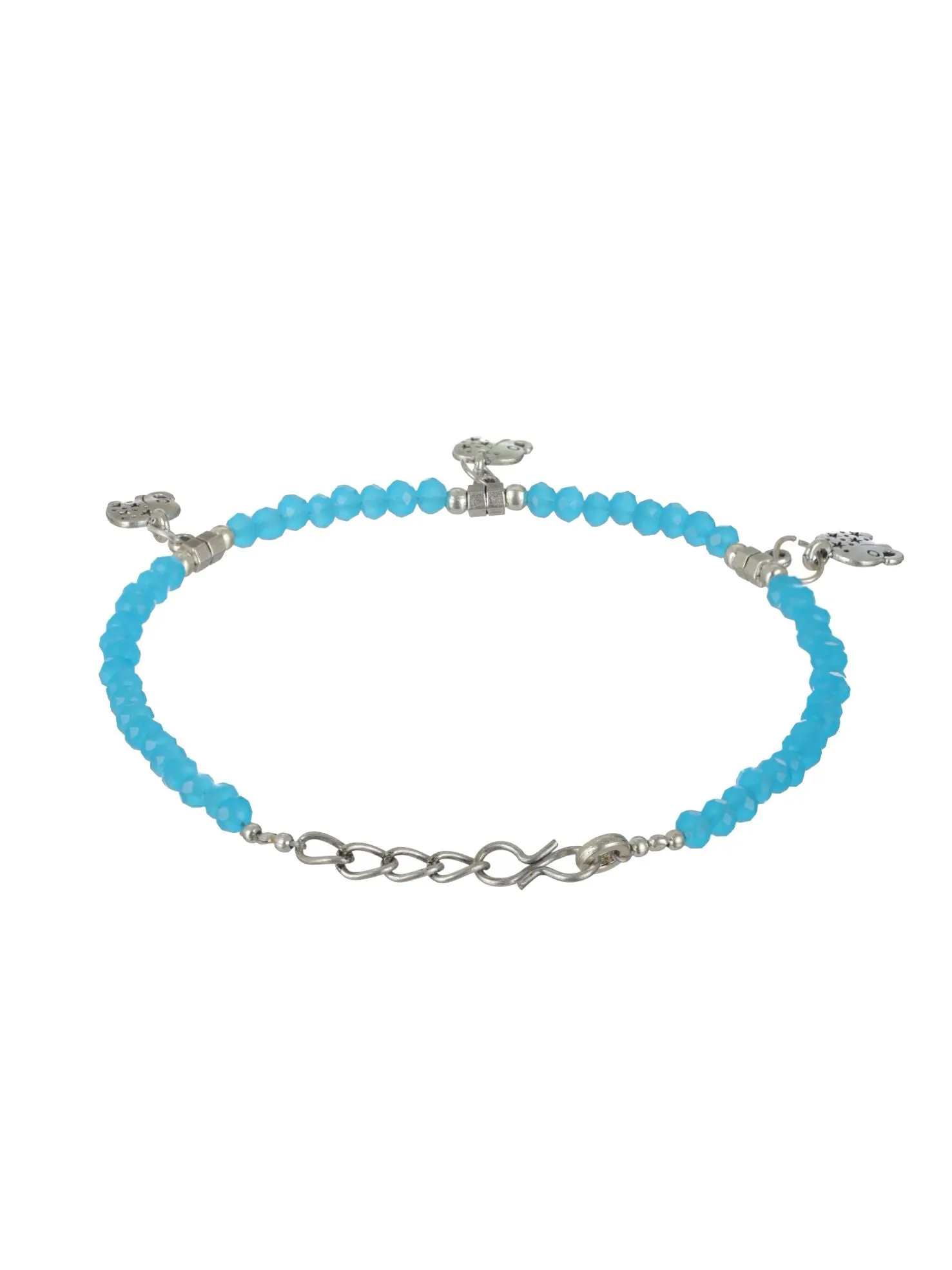 Set Of 4 Silver Elephant Flower Butterfly, Circle & Cocoon Charms Beaded Handcrafted Anklets