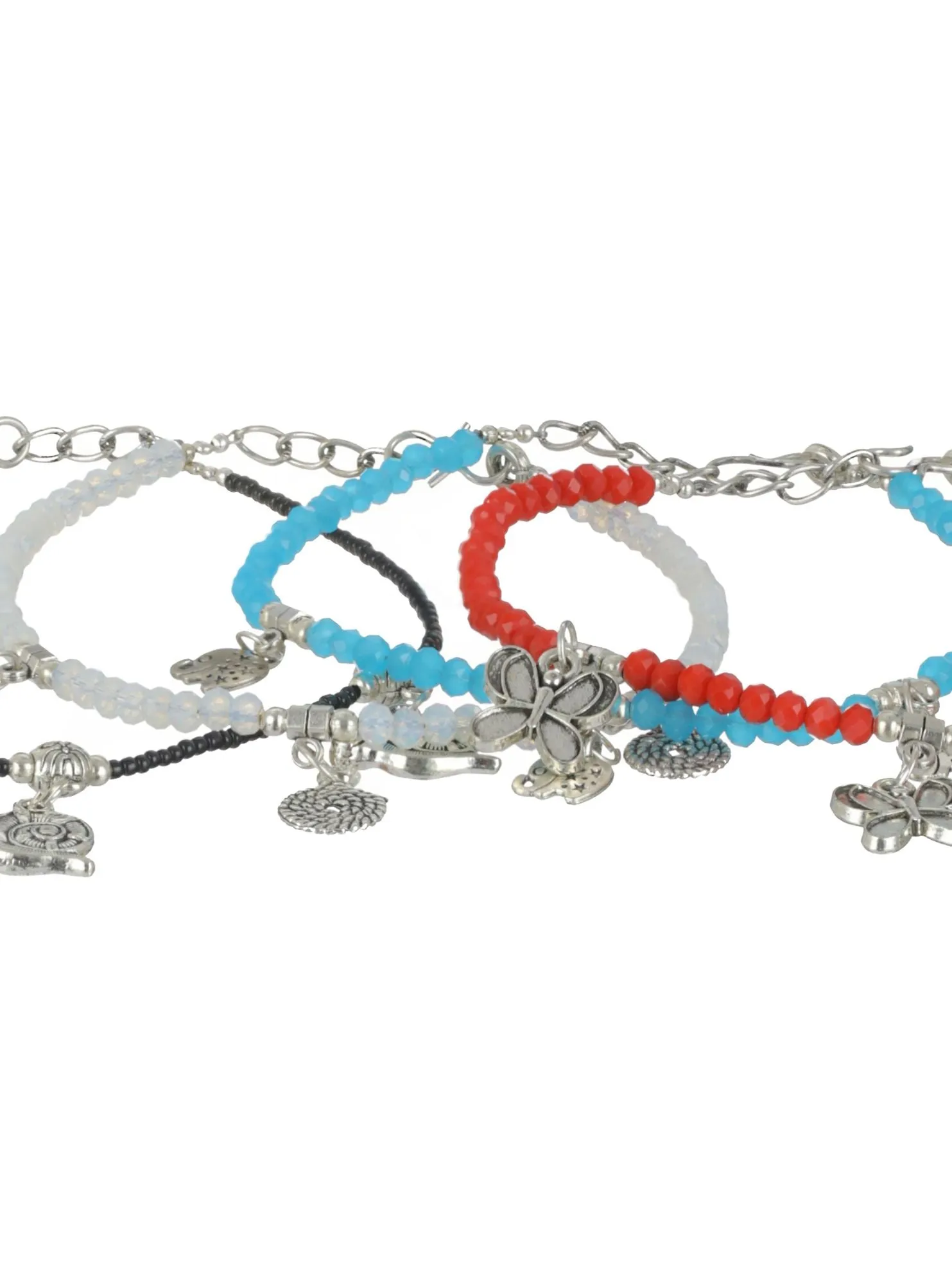Set Of 4 Silver Elephant Flower Butterfly, Circle & Cocoon Charms Beaded Handcrafted Anklets