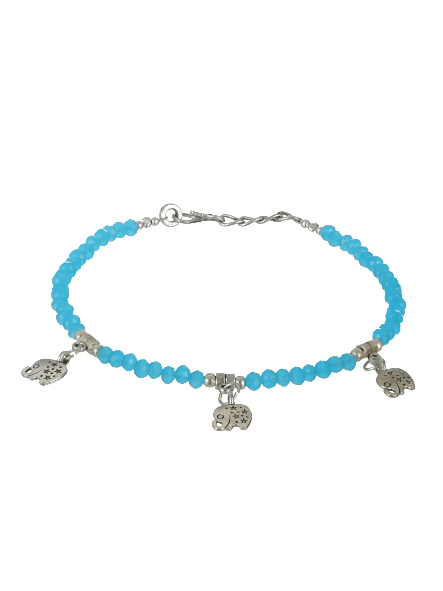 Set Of 4 Silver Elephant Flower Butterfly, Circle & Cocoon Charms Beaded Handcrafted Anklets