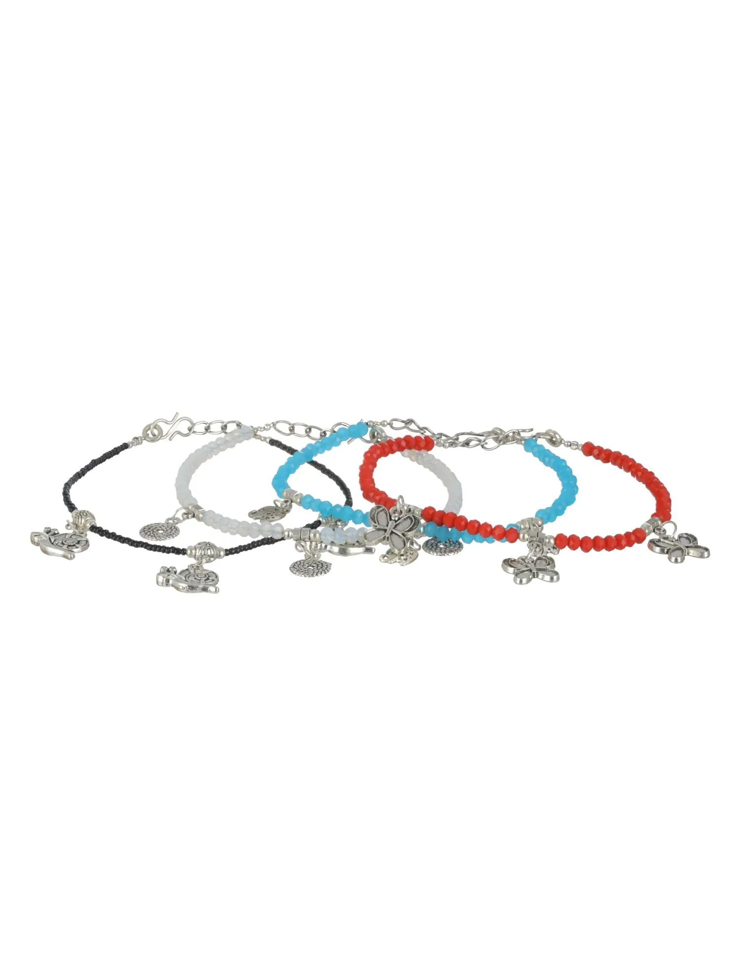 Set Of 4 Silver Elephant Flower Butterfly, Circle & Cocoon Charms Beaded Handcrafted Anklets