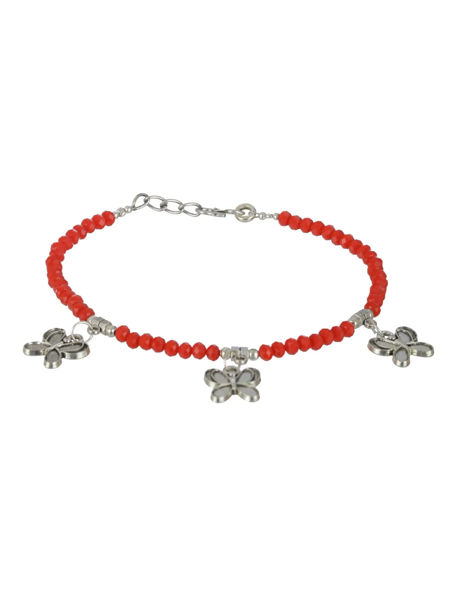 Set Of 4 Silver Elephant Flower Butterfly, Circle & Cocoon Charms Beaded Handcrafted Anklets