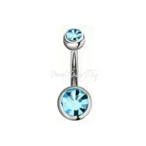 Silver Aqua CZ Navel Belly Button Ring