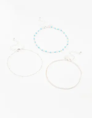 Silver Ball & Chain & Beaded Anklets 3-Pack
