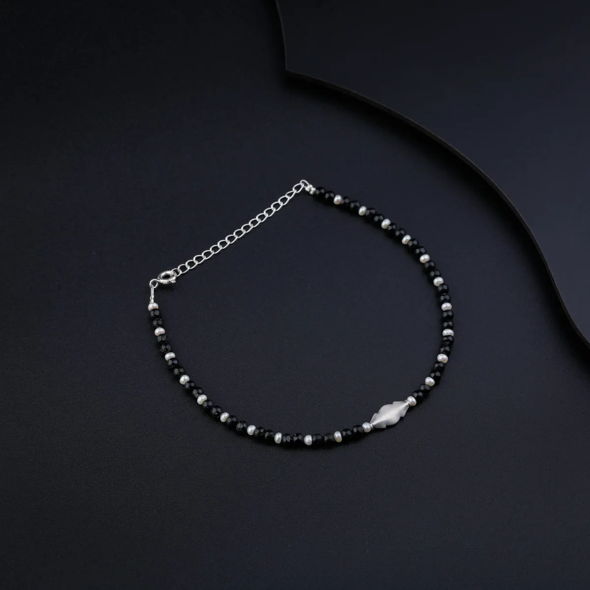Silver Black Spinel and Pearl Anklet