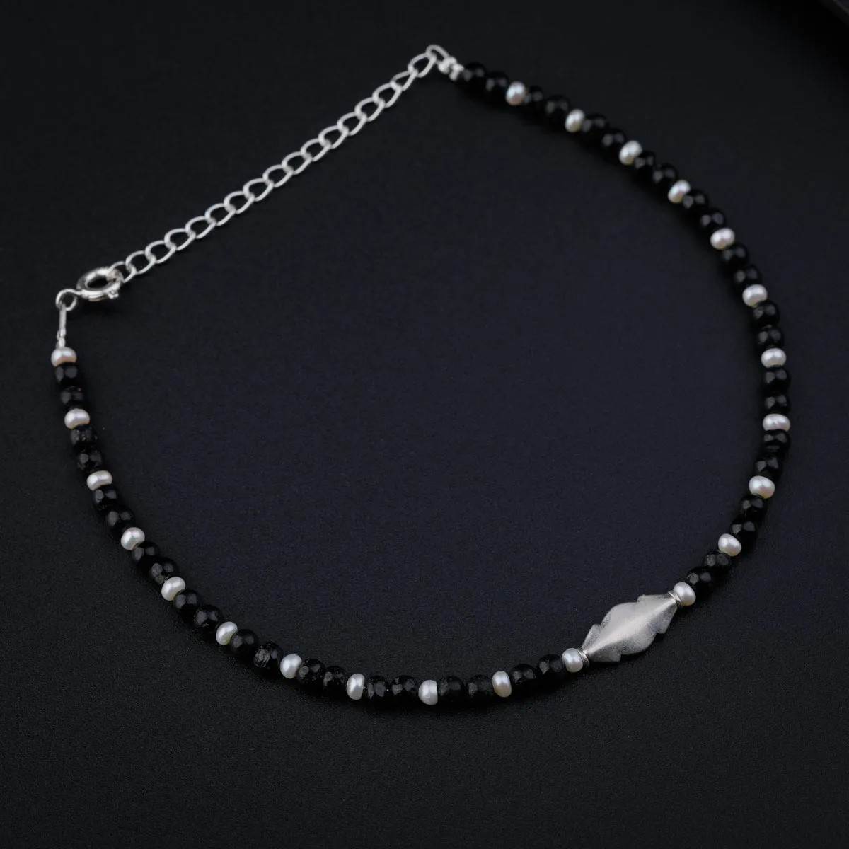 Silver Black Spinel and Pearl Anklet