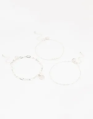 Silver Pearl Disc Drop Anklets 3-Pack