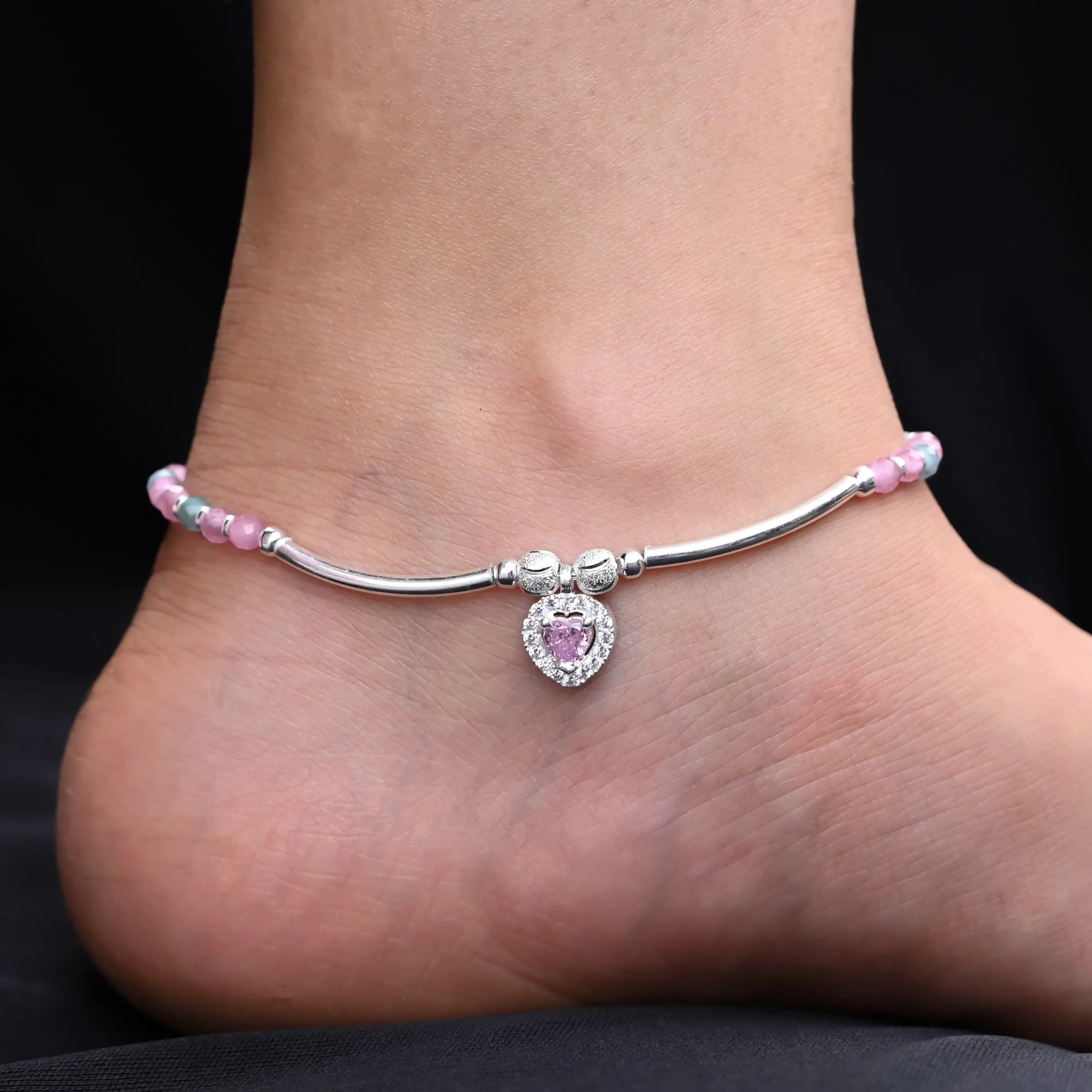 Silver Trendy Pink Heart Stone Anklets for Girls
