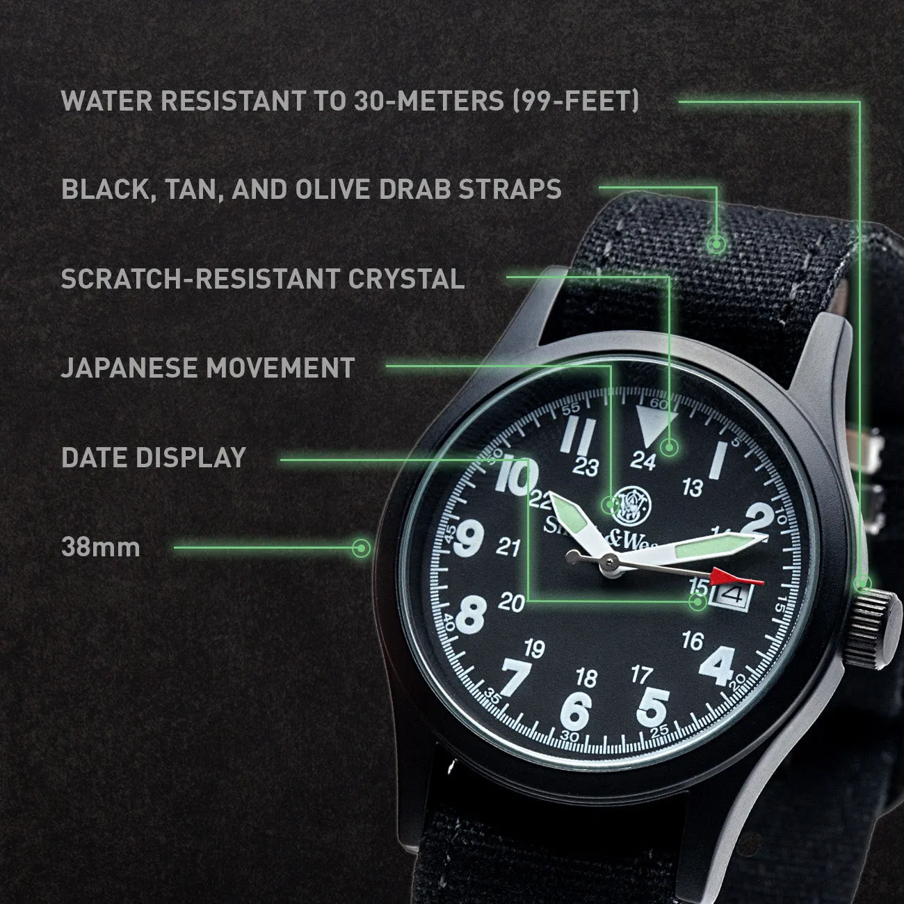 Smith & Wesson Military Watch Black Dial- 3 Changeable Straps