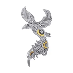 Steampunk Celtic Phoenix Silver and Gold Accent Brooch MBC162