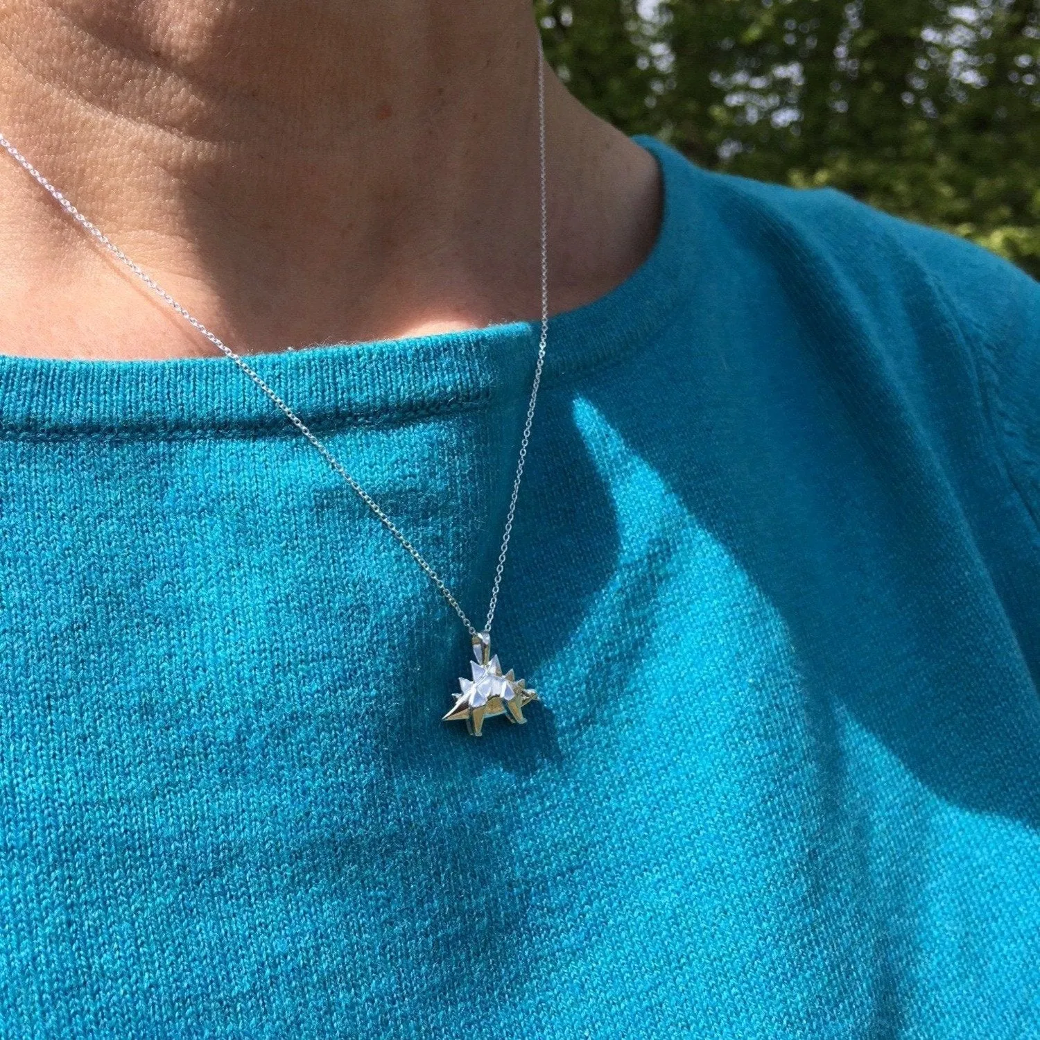 Sterling Silver Origami Stegosaurus Necklace