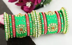Sukriti Silk Thread Fabric Stone/Kundan studded Chura/Chuda Dhalu Style Handmade Wedding Green Bangle for Women & Girls - Set of 26