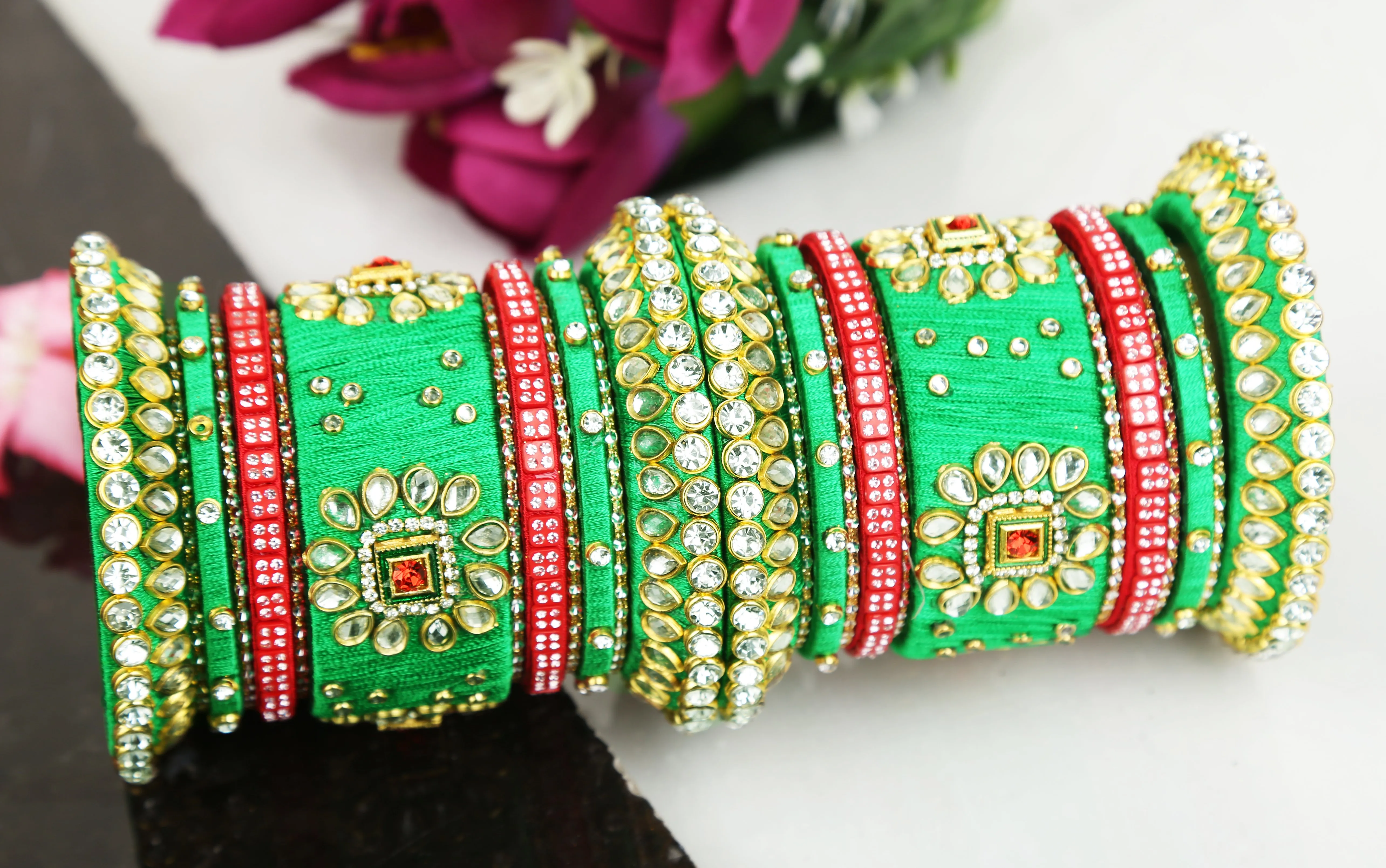 Sukriti Silk Thread Fabric Stone/Kundan studded Chura/Chuda Dhalu Style Handmade Wedding Green Bangle for Women & Girls - Set of 26