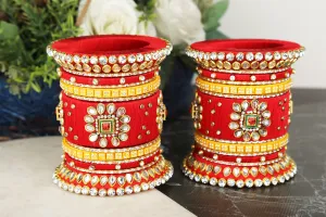 Sukriti Silk Thread Fabric Stone/Kundan studded Chura/Chuda Dhalu Style Handmade Wedding Red Bangle for Women & Girls - Set of 26
