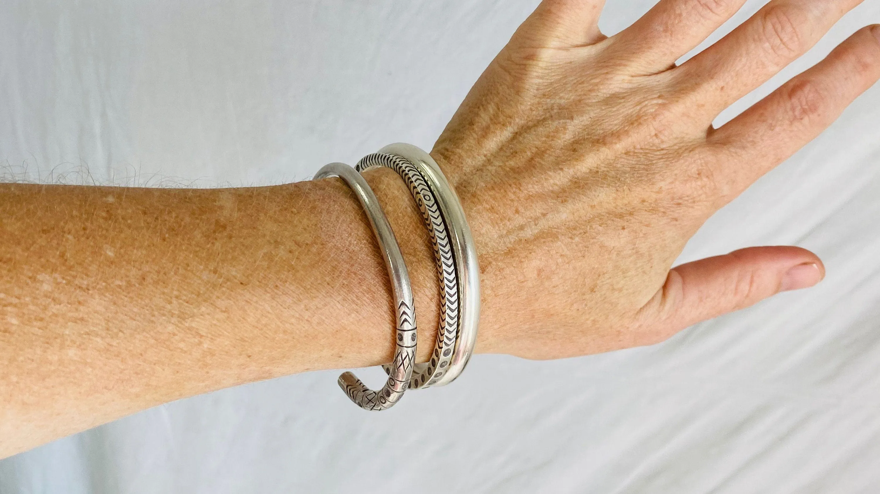 Trio of Silver Bangles. Heavy Gauged. Karen Hill Tribe of Thailand