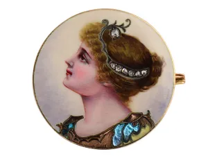 Victorian Enamel Diamond Brooch of a Woman