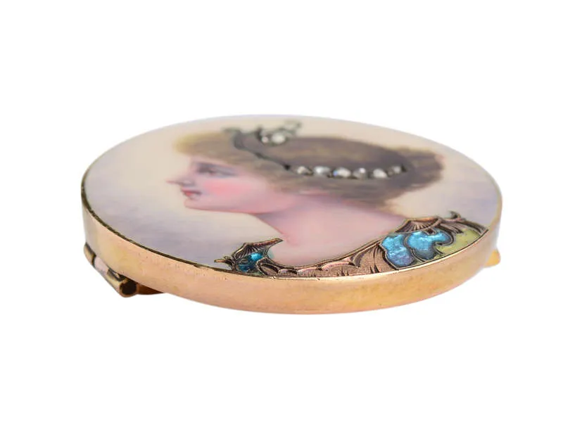 Victorian Enamel Diamond Brooch of a Woman