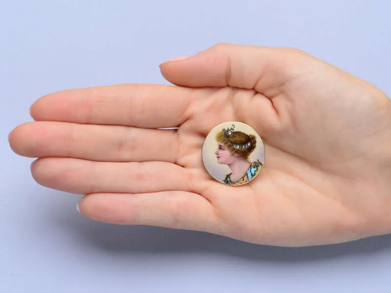 Victorian Enamel Diamond Brooch of a Woman