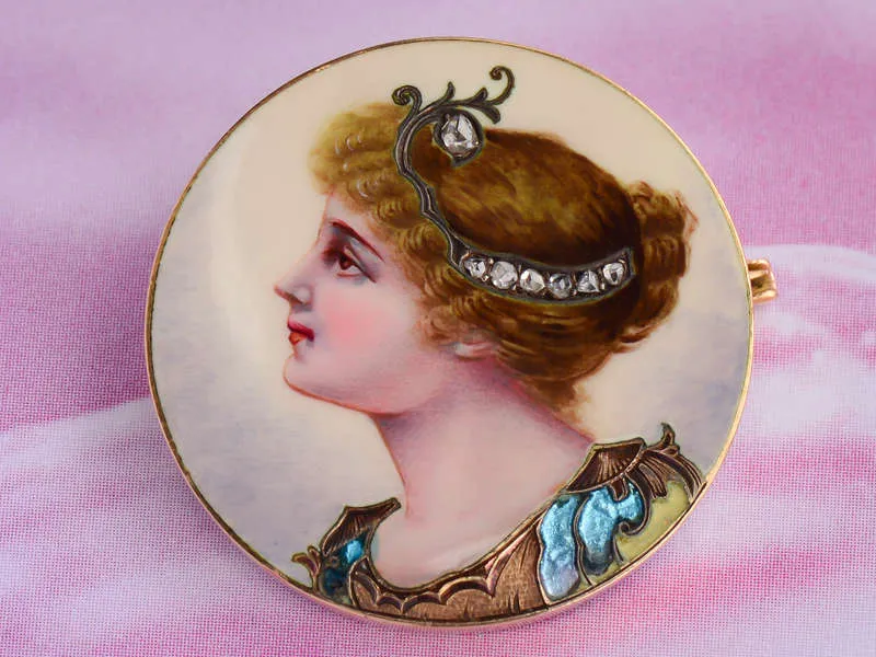 Victorian Enamel Diamond Brooch of a Woman