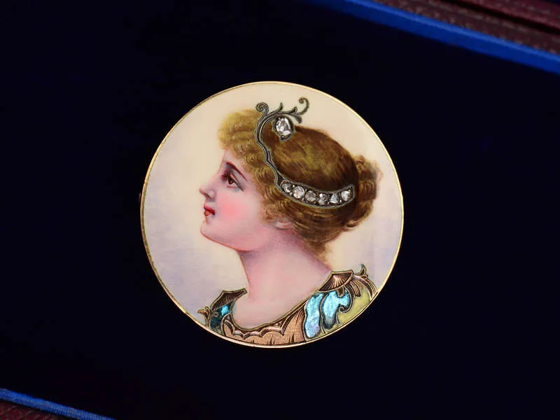 Victorian Enamel Diamond Brooch of a Woman