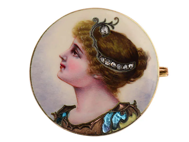 Victorian Enamel Diamond Brooch of a Woman