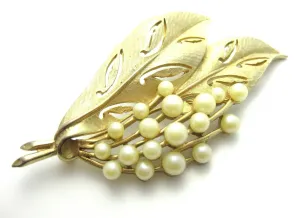Vintage 1960s Gold & Pearl Leaf Brooch