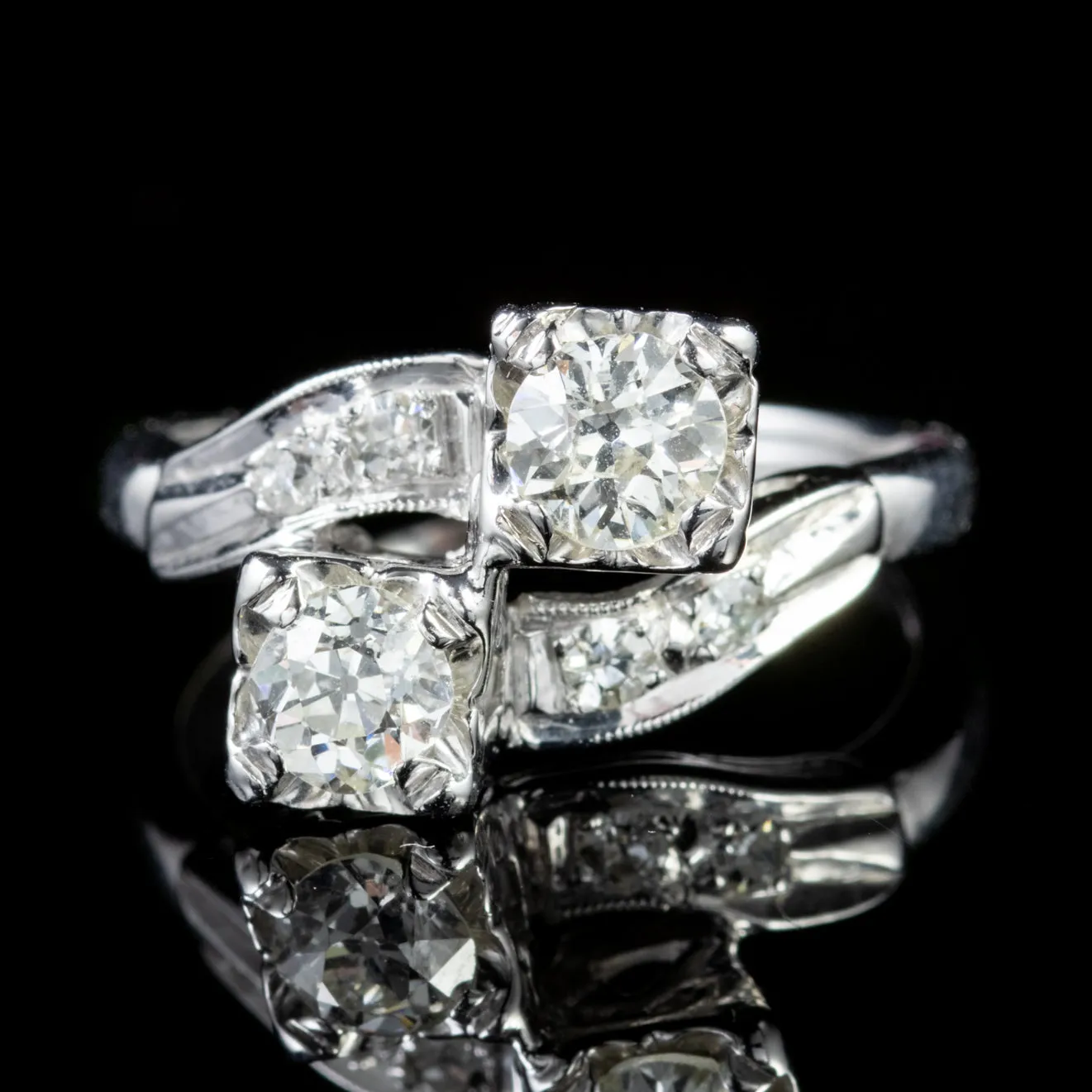 Vintage Double Diamond Twist Engagement Ring 14Ct White Gold
