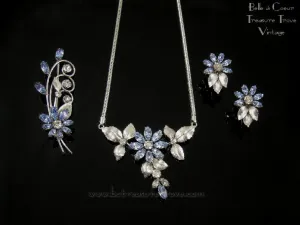 Vintage Krementz Light Blue and Crystal Rhinestone Flower Necklace Earring Brooch Set Silvertone