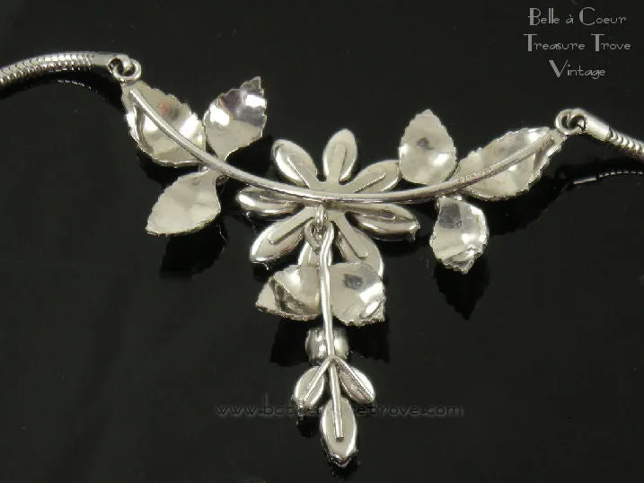 Vintage Krementz Light Blue and Crystal Rhinestone Flower Necklace Earring Brooch Set Silvertone