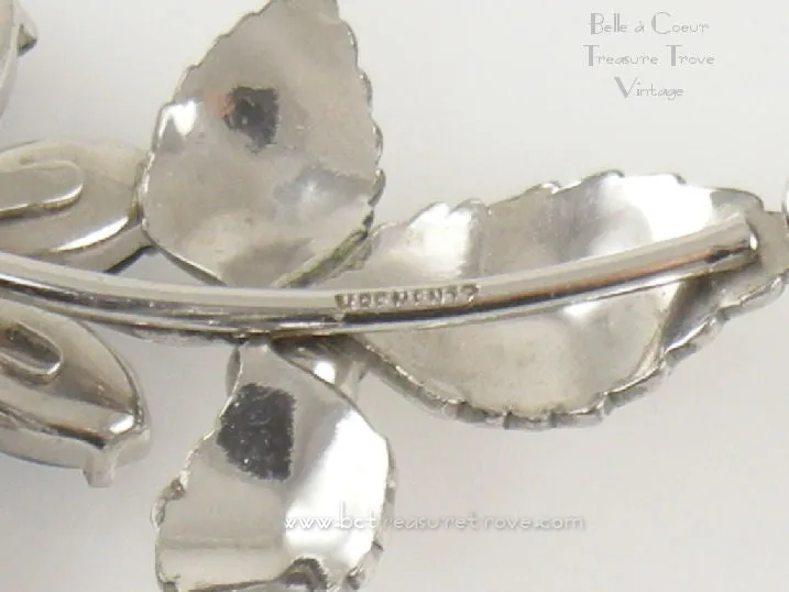Vintage Krementz Light Blue and Crystal Rhinestone Flower Necklace Earring Brooch Set Silvertone