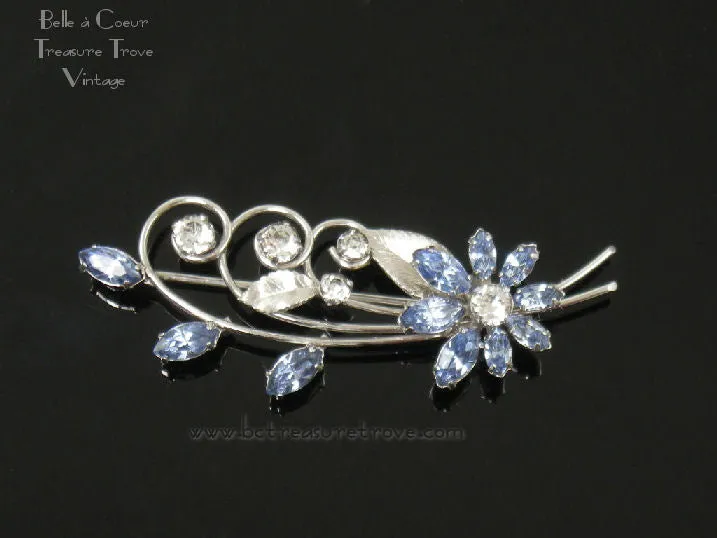Vintage Krementz Light Blue and Crystal Rhinestone Flower Necklace Earring Brooch Set Silvertone