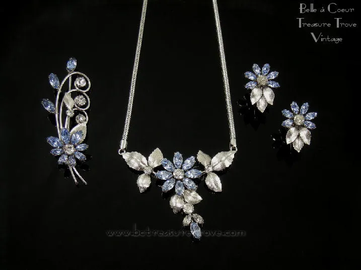 Vintage Krementz Light Blue and Crystal Rhinestone Flower Necklace Earring Brooch Set Silvertone