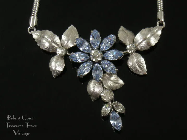 Vintage Krementz Light Blue and Crystal Rhinestone Flower Necklace Earring Brooch Set Silvertone