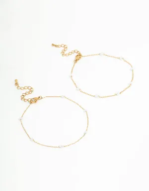 Waterproof Gold Plated Stainless Steel Station & Pearl Anklets 2-Pack